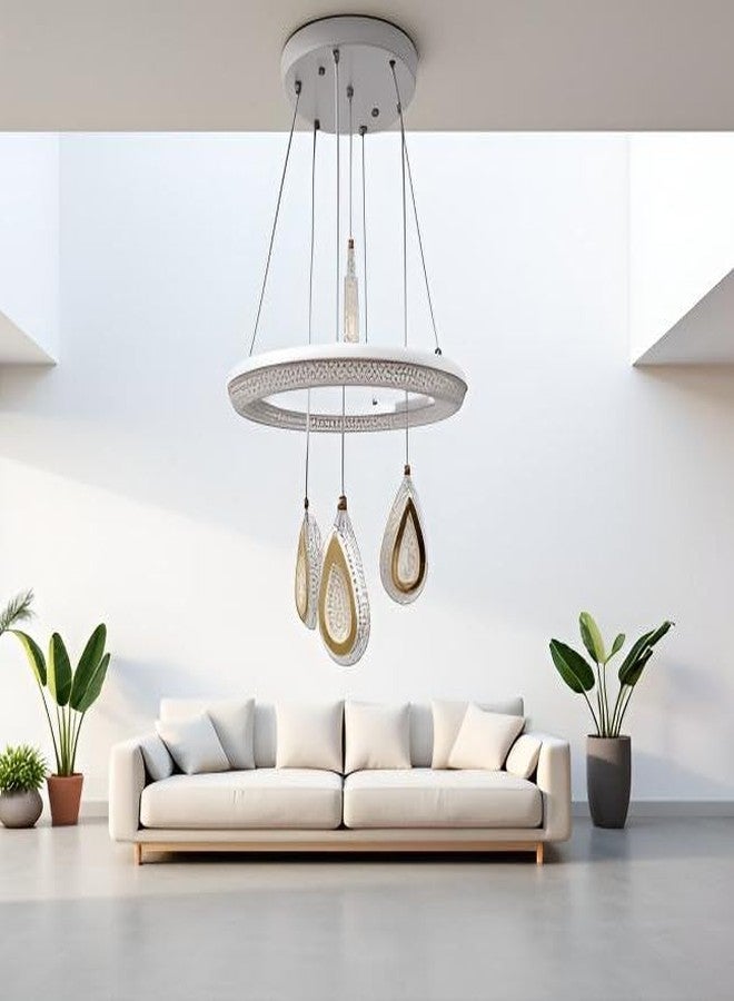 Lyse Decor Metal, Acrylic Chandelier, Jhumar Light for Hall Ceiling, Jhoomer for Living Room, Creative 3 Ring Hanging Pendant Lamp with Height-Adjustable for Bedroom, Dining Room (White) - Image 3